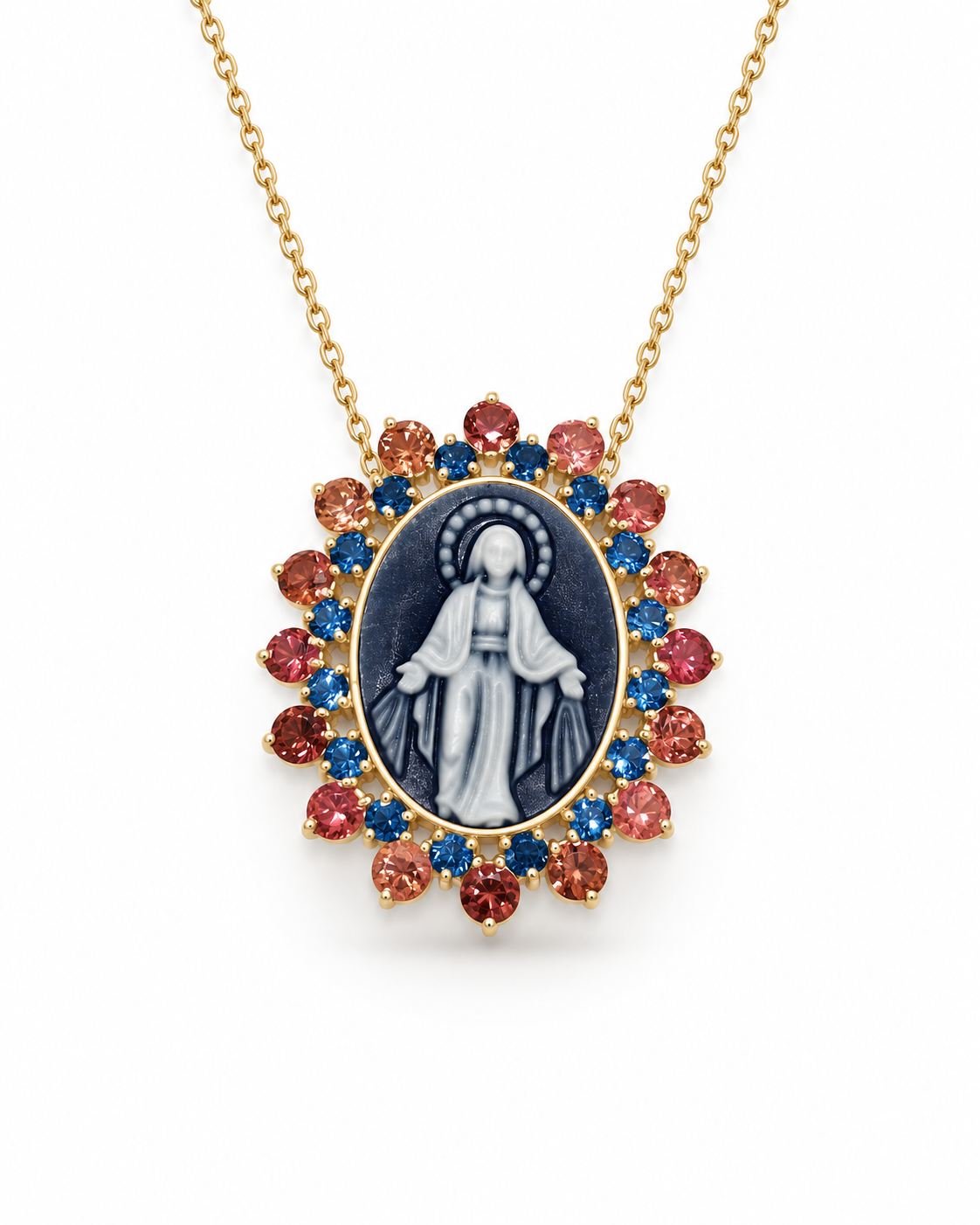 Colar medalha NS Graças turmalina rosa e topazio azul